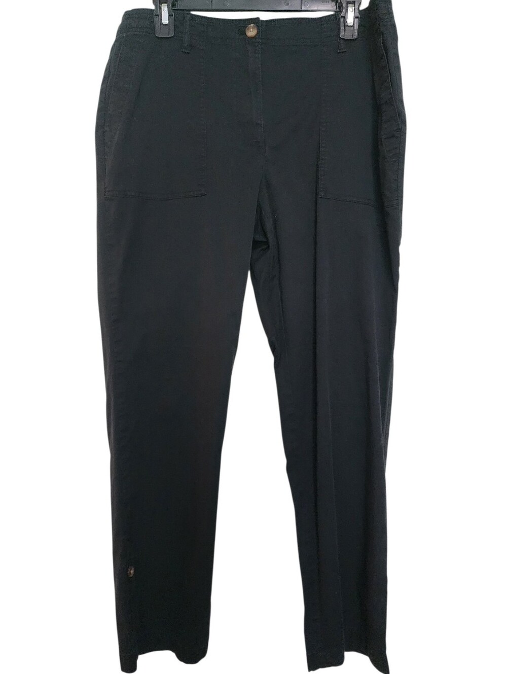 J. Jill Black Cotton Pants Straight Leg Roll Tab Cuffs 2 Front 2 Back Pkts SZ 12